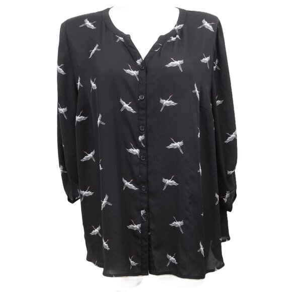 Catherines PLUS 2X (22/24W) Black Sheer Flying Geese Button Down Blouse Tunic - Picture 1 of 7
